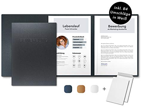 10 Stück 3-teilige Bewerbungsmappen Anthrazit Metallic - inkl. 10 Versandumschläge in Weiß - Premium-Qualität mit hochwertiger Prägung BEWERBUNG