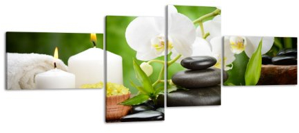 Leinwandbild Wellness LW399 Wandbild, Bild auf Leinwand, 4 Teile, 200x90cm, Kunstdruck Canvas, XXL Bilder, Keilrahmenbild, fertig aufgespannt, Bild, Holzrahmen, Orchidee, Asia, Entspannung,