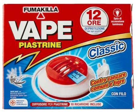 Vape, Elettroemanatore Filo Classic + 10 Piastrine, Protegge dalle Zanzare Comuni e Tigre, Ambienti Chiusi e Luoghi all'Aperto, 12 Ore di Protezione