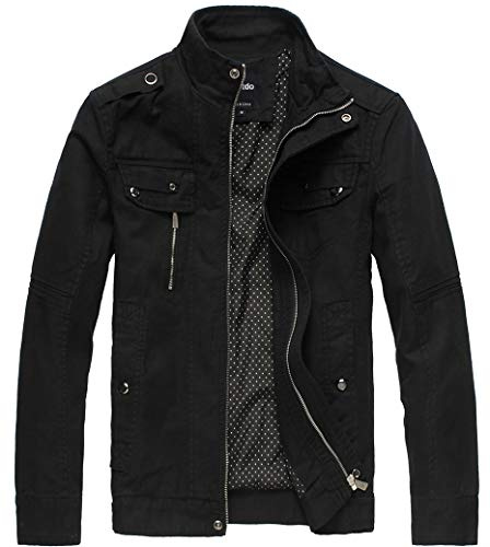 Wantdo Giacca Classica Militare Giubbotto da Lavoro Casual Cappotto con Zip Antivento Giaccone Leggera Mezza Stagione Uomo Nero L