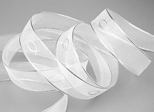 finemark 20 m x 25 mm Chiffonband Fische Kommunion Konfirmation Chiffon Weiss Silber Dekoband Geschenkband Schleifenband transparent