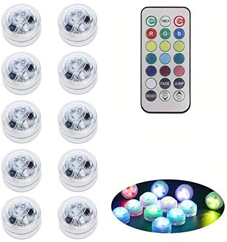 Anziner 10 Pack Submersible LED Tea Lights with Remote and Timer, Battery Operated RGB Color Changing LED Tealights Waterproof Underwater Led Pool Lights for Vase,Fishtank,Wedding,Party