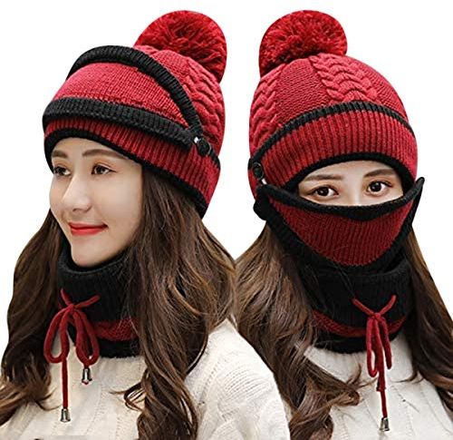 ITODA Wintermütze Damen Strickmütze Winter Mütze Schal Set Beanie Plüschfutter Damenmütze Mädchen Wollmütze mit Pompom Winterhut Warm Skimütze Ohrenschutz Hut Strickschal Sturmhaube Ski Outdoor