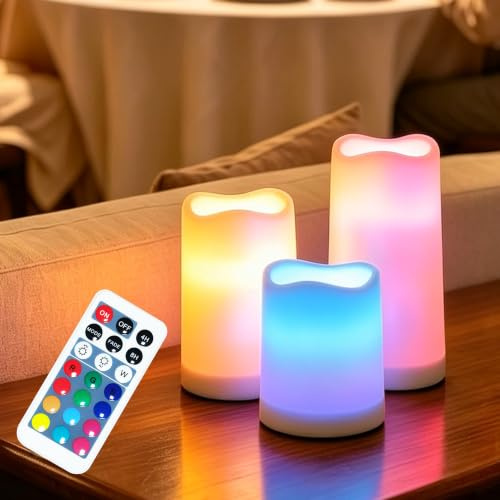 yucanucax Flammenloses LED-Kerzenlicht mit Fernbedienung, für den Innen- und Außenbereich, farbwechselnde Kunststoff-Kerzen, 3 Stück, 3 AAA-Batterien…