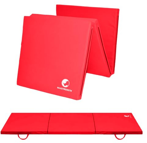 MAXSTRENGTH Tri Folding Exercise Mat – Extra Thick Non-Slip Foam Mat for Gymnastics, Yoga, Home Gym, Pet Wellbeing & Children’s Nurseries – Portable with Carry Handle (Red)