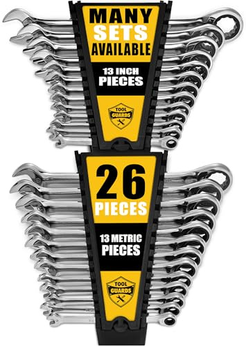 TOOLGUARDS Juego de llaves de trinquete de 26 piezas, métricas y estándar, con organizador de rack, llaves de carraca, juego de llaves de trinquete combinadas