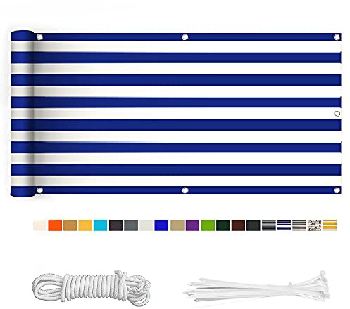 HERILIOS Balkon Sichtschutz, Balkonabdeckung 220 g/m² Innen Balkonverkleidung UV-Schutz (210Größen&21Farben) mit Ösen Kabelbinder und Kordel für Balkongeländer Terrasse,65X600CM Blau-weiß gestreift