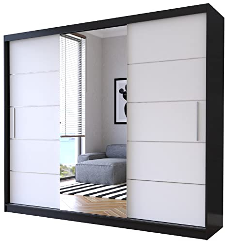 Fabryka Mebli Idźczak Kleiderschrank mit Spiegel, Schiebetüren - Schwebetürenschrank, Schlafzimmerschrank - 61 x 233 x 218 cm - Schrank für Schlafzimmer, Ankleidezimmer, Garderobe - Schwarz, Weiß