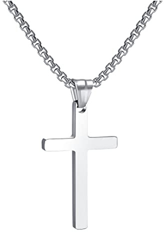 RWQIAN Croix Chaîne Hommes Acier inoxydable Argent Chrétienne Collier 45cm