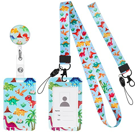 HIFOT 4 stycken dinosaurietyckelband med ID-korthållare, snodd med ID-korthållare och nyckelring, utdragbar ID-kortjojo för mobila mobiltelefoner, nycklar, kontor ID-kort