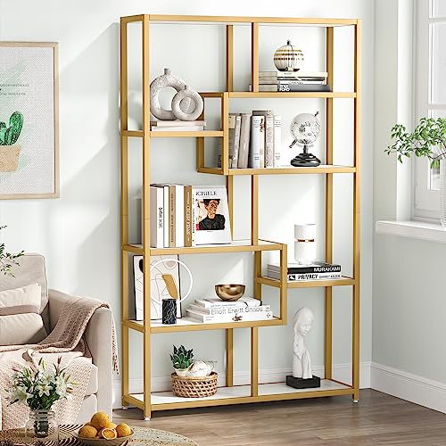Tribesigns bokhylla, 180 cm kontorshylla med 8 öppna hyllor, hylla med metallram, modern guldstående hylla för vardagsrum, arbetsrum, kontor, vit + guld