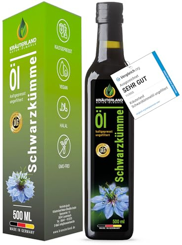 Kräuterland Schwarzkümmelöl kaltgepresst ungefiltert 500ml im Glasflasche | 100% Nigella Sativa, hoher Thymochinongehalt, ohne Konservierungsstoffe & Aromen, nativ, vegan, mühlenfrisch & unraffiniert