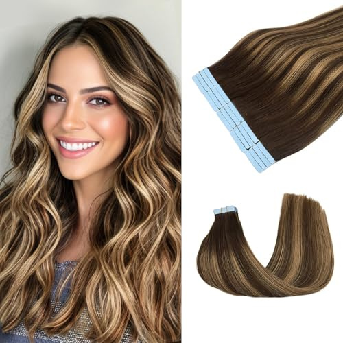 JESSBO Tape in Extensions Echthaar #T4/P4/27 Schokolade Braun Mxied Karamell Blond 40cm 20 Stück Invisible Seidig Gerade Remy echthaar haarverlängerung echthaar invisible tape extensions (50g/Packung)