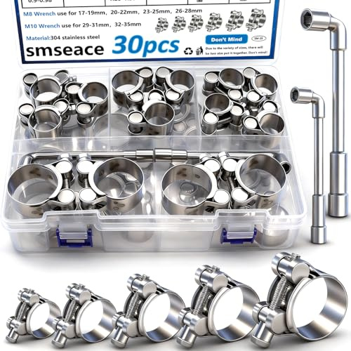 smseace 30Pcs Hose Clamps 17-35mm T-Bolt Hose Clamp 304 Stainless Steel T Bolt Clamp with M8 and M10 Socket Wrenches Pipe Tube Clamps