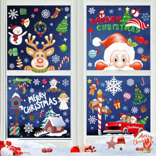 Autocollant Noël Fenetre, Stickers Noel Enfant Fenetre Réutilisable Flocon de Neige Sticker Vitre Decoration Noel Interieur Maison Autocollants Électrostatique Joyeux Noël pour Vitrine Porte Deco Noel