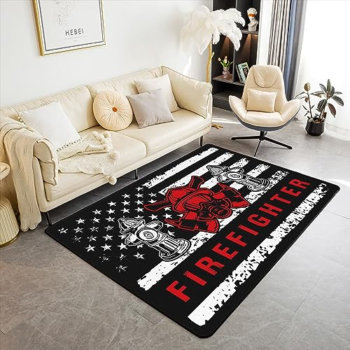 richhome Feuerwehr Themenbereich Teppich, Feuerwehr Feuerwehr Hydrant Helm Muster Nicht Verschütten Teppiche, Retro amerikanische Flagge Schwarz Weiß Geometrie Sterne Streifen Akzent Teppich 100x150