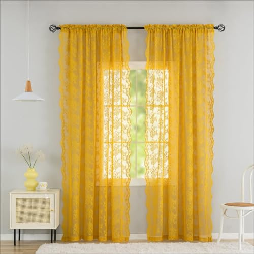 YJ Yanjun Cortinas de Color Amarillo Mostaza de 96 Pulgadas de Largo para Sala de Estar, Cortinas Modernas de Encaje Retro de Mediados de Siglo, Cortinas de Ventana Amarillas Transparentes con Filtro