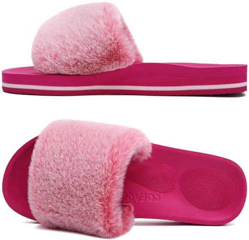 COFACE Womens Slippers with Arch Support Open Toe Faux Fur Women Fluffy Sliders Size 5 Orthopedic Orthotic Ladies House Slippers for Plantar Fasciitis