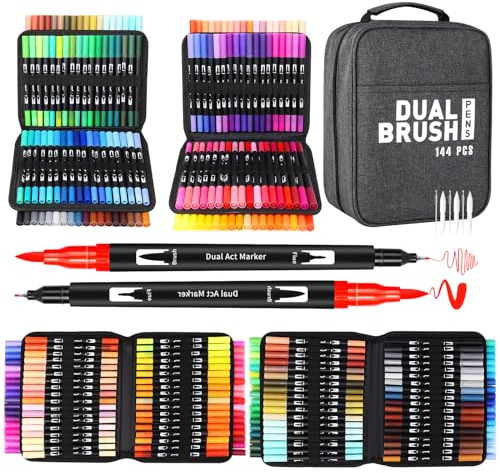 GPLMQ Brush Pen Set, 144 Filzstifte Doppelseitig Pinselstifte Aquarell Marker Fineliner Set für Kalligraphie Handlettering Manga Journal, Filzstifte Dicke und Dünne für Erwachsene