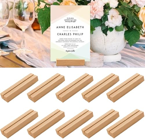 DabbOo Kartenhalter Holz 10 Stück Holzständer für Karten Fotohalter Menükartenhalter Tischkartenhalter Postkarten Dekoration aus Massivem Buchenholz Aturkarton Hochzeit Tischnummer Halter(10x3x2cm)