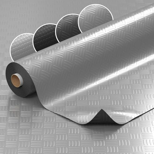 Revêtement de sol en PVC au mètre - À picots - 1 mm - Antidérapant - En tôle striée - Argenté - 250 x 140 cm