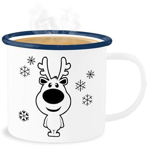 Emaille Becher Blechbecher - Weihnachtstasse Tasse Weihnachten - Rentier Schneeflocken schwarz - 300 ml - Weiß Blau - weihnachtstassen christmas schneeflocke weihnachtsmotiv weihnachts