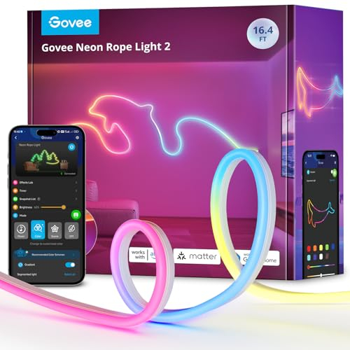 Govee Neon Rope Light 2, RGBIC Neon LED Strip 5m mit Form-Mapping, DIY Design, Funktioniert mit Alexa, Matter und Google Assistant, LED Streifen für Schlafzimmer Wohnzimmer Wanddekoration, Weiß