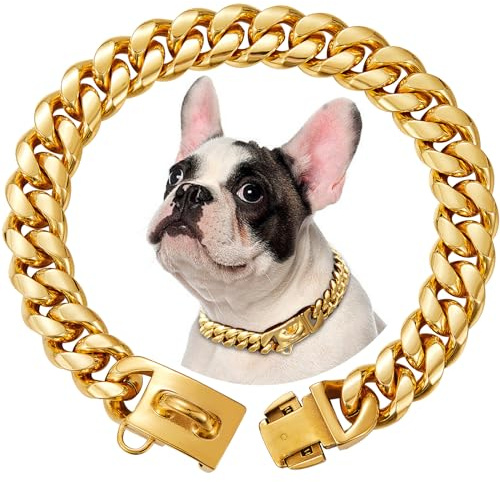 15mm Breite Goldenes Rostfreier Stahl Hundehalsband Metall Hundehalsband Hundekette Halsbänder Pet Training Walking Halsband(40cm)