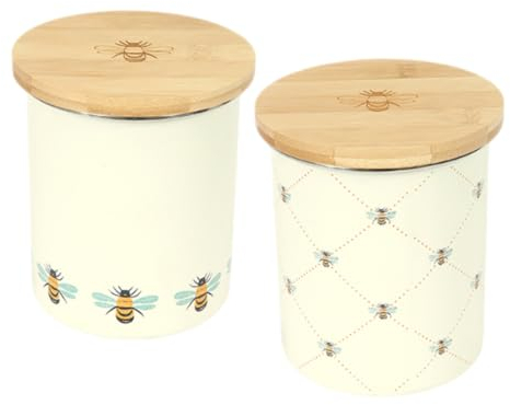 Buzzing Bees Design Canister Set of 2 - Round TEA/COFFEE or SUGAR Caddy/Kitchen Storage Tins with Wooden Lid - Cream/Yellow/Aqua - 14 cm