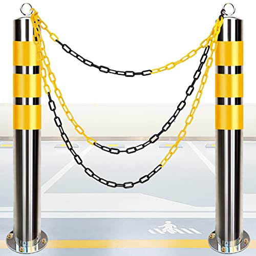 Stück Poller für die Einfahrt mit 5 m Absperrkette, Edelstahlpoller zur Lenkung des Verkehrs oder als Notblockade (800 mm H x 89 mm T (31,5 Zoll H x 3,5 Zoll T)) (800 mm H x 76 mm T (31,5 Zoll H x 3