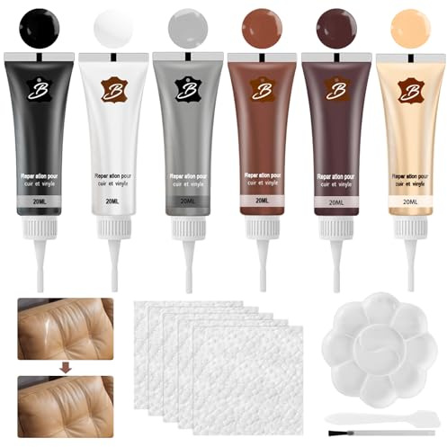 Lederreparatur Creme, 6 Farben Leder Reparatur Set, Kunstleder Reparaturset | Lederfarbe Creme, Flüssigleder Reparatur Set, Leder Restaurator, Leder Restaurator für Autositz, Lederjacke, Lederkleber