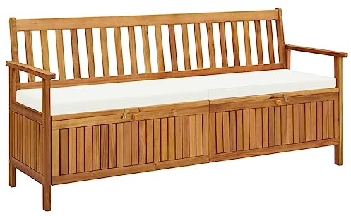 Makastle Sitzbank für Balkon und Garten, Gartenbank Kissenbox mit Stauraum & Kissen, Holzbank für 2-3 Personen, Truhenbank mit Rücklehne & Armlehne, 170 x 63 x 84 cm Braun
