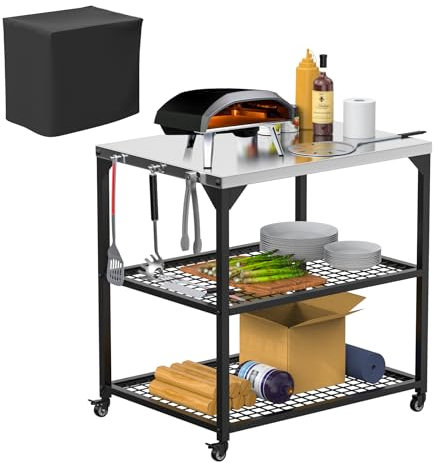 Tavolo da forno per pizza da esterno, 80 x 61 x 89 cm, per supporto per griglia Ninja Ooni Blackstone Cuisinart, carrello da lavoro mobile con copertura antipolvere impermeabile