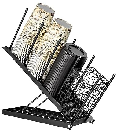 TOWEBOORY Portabicchieri e Portacoperchi Regolabile, Porta Bicchierini Caffe Dispenser per Tazze da Banco Organizer da Caffetteria con 4 Verticale Scomparti per Cucina e Bar (Nero)
