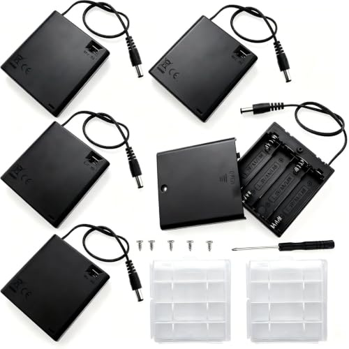VISSQH 5 Pièces AA Support de Batterie,4 x 1.5V Support de Batterie,6V Battery Holder Box Case,AA Boîte à Piles en Plastique avec Prise DC et Couvercle et Interrupteur on/Off(Noir)