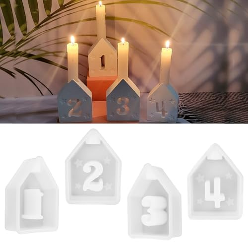 Silikonformen Gießformen Weihnachten, Zahlen Kerzenständer Silikonform, Adventszahlen Haus Gießform 1-4, Silikonform Zahlen Advent 3D, Silikon Gießform Kerzenhalter (A)