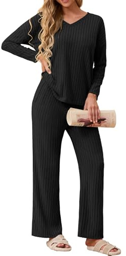 GRECERELLE Womens Pyjamas Set Lounge Wear Pjs for Women UK Ribbed Loungewear Autumn 2 Piece Outfits V-Neck Long Sleeve Blouses And Wide Leg Trousers Sleepwear Homewear (Black, XL)