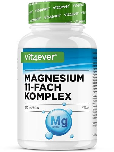 Complesso di magnesio - 240 capsule - A base di 11 composti di alta qualità - 408 mg di magnesio elementare per dose giornaliera - Altamente dosato - Vegano