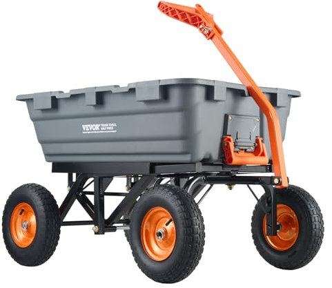 VEVOR 1500lbs Poly Garden Dump Cart Wheelbarrow Wagon with 2 in 1 Convertible Handle, Heavy Duty Yard Cart Wagon for with 13in All Terrain Wheels, Dump Trailer Tow Behind for Lawn Mower Tractor