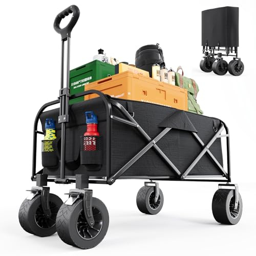 MUTUN Festival Trolley Heavy Duty, 150L Folding Wagon with Large 19cm Wheels, 250KG Load Pull Along Garden Cart for Camping Beach Rough Terrain, All-Terrain Hand Truck, Black