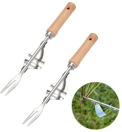 VARKAGE Unkrautstecher Edelstahl, 2 Stück 2025 Wurzeljäter mit Holzgriff, Manuelles Unkrautjätgerät aus Edelstahl mit Holzgriff, Manueller Weeder Löwenzahnzieher Rasenmäher für den Garten Rasen Hof