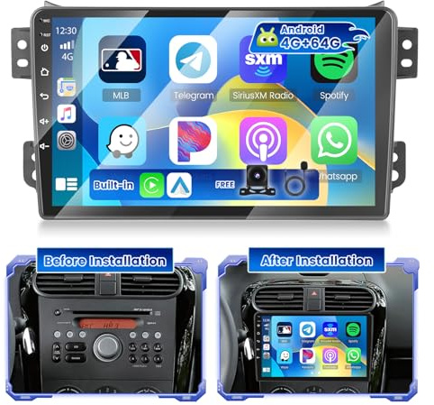 Hikity 4G+64G Android 15 Radio Coche para Suzuki Splash/Ritz 2008 con Pantalla Táctil de 9, Radio 2 DIN con Carplay Android Auto inalámbrico Radio FM/RDS BT GPS WiFi SWC Enlace Espejo + Cámara Mic