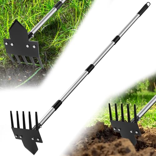 Poiyham 2-in-1 Hoe Garden Tools, 17-58 Weed Puller Tool with Long Handle, Heavy Duty Handle Garden Hoe and Weed Rake, Hoes for Gardening Yards Lawns Gardens Weeding