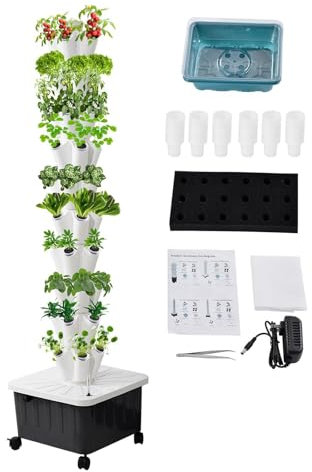 60 Holes Hydroponic Grow Tower, Vertical Hydroponics Indoor Self-Watering Growing Kit, Soilless Cultivation Grow Tower, Aeroponics Growing Kit with 4 wheel Gift for Gardening Lover,12 Layers,White
