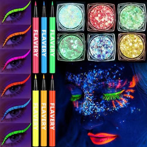 6 Farben Festival Glitzer Gesicht und 6 Bunt Eyeliner,Fluoreszierendes Glitzer,Face Body Glitter,Körperglitzer,Karneval Halloween Neon Party Make Up