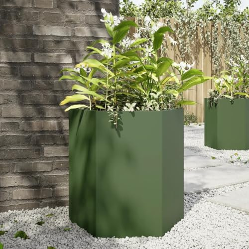 CKioict Macetero hexagonal verde oliva para interior y exterior, 46 x 40 x 45 cm, acero