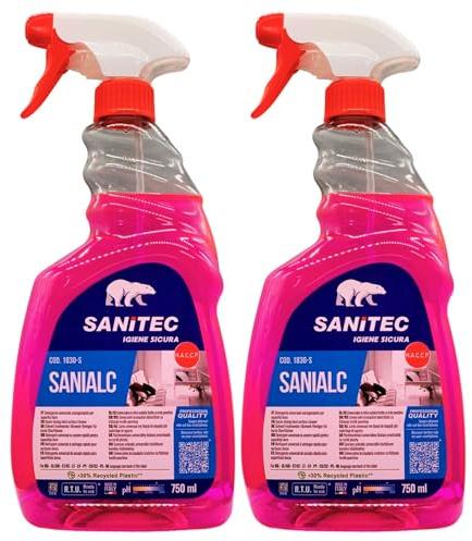 Detergente Universale A Base Alcolica (<5% Alcool) SANIALC Per Superfici Dure. Pulisce e Sgrassa Senza Risciacquo e Asciuga Rapidamente Senza Lasciare Aloni Sulle Superfici 750ml (2 Spray)