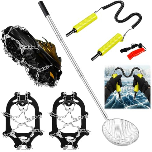 LaRandom 4 Stück Eis-Angelausrüstung, inklusive Steigeisen, Stollen, Schneegriffen für Schuhe, einziehbare Eisahle, Sicherheitsstocher und Schaufel, Skimmer, Notfallpfeife, Schuhspikes, rutschfest für