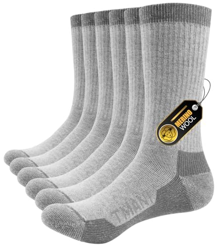 PULIOU Merino Socken Herren Damen Thermosocken Wandersocken Outdoor & Trekking-Socken, Anti-Blasen, Gepolstert Arbeitssocken Wintersocken，Grau 39-42