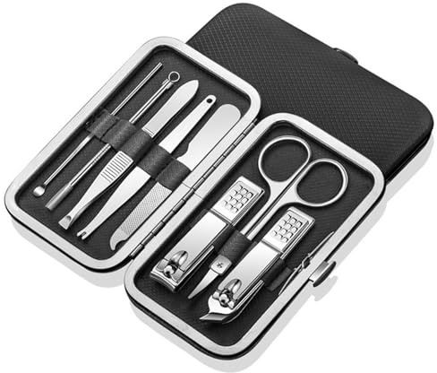 Maniküre Set 8-teilig, Edelstahl Nagelpflege Set mit Nagelschere Augenbrauenschere Pinzette Feile Ohrreiniger, Nageletui Für Hand Fuß Gesicht Pflege, Mit PU Etui